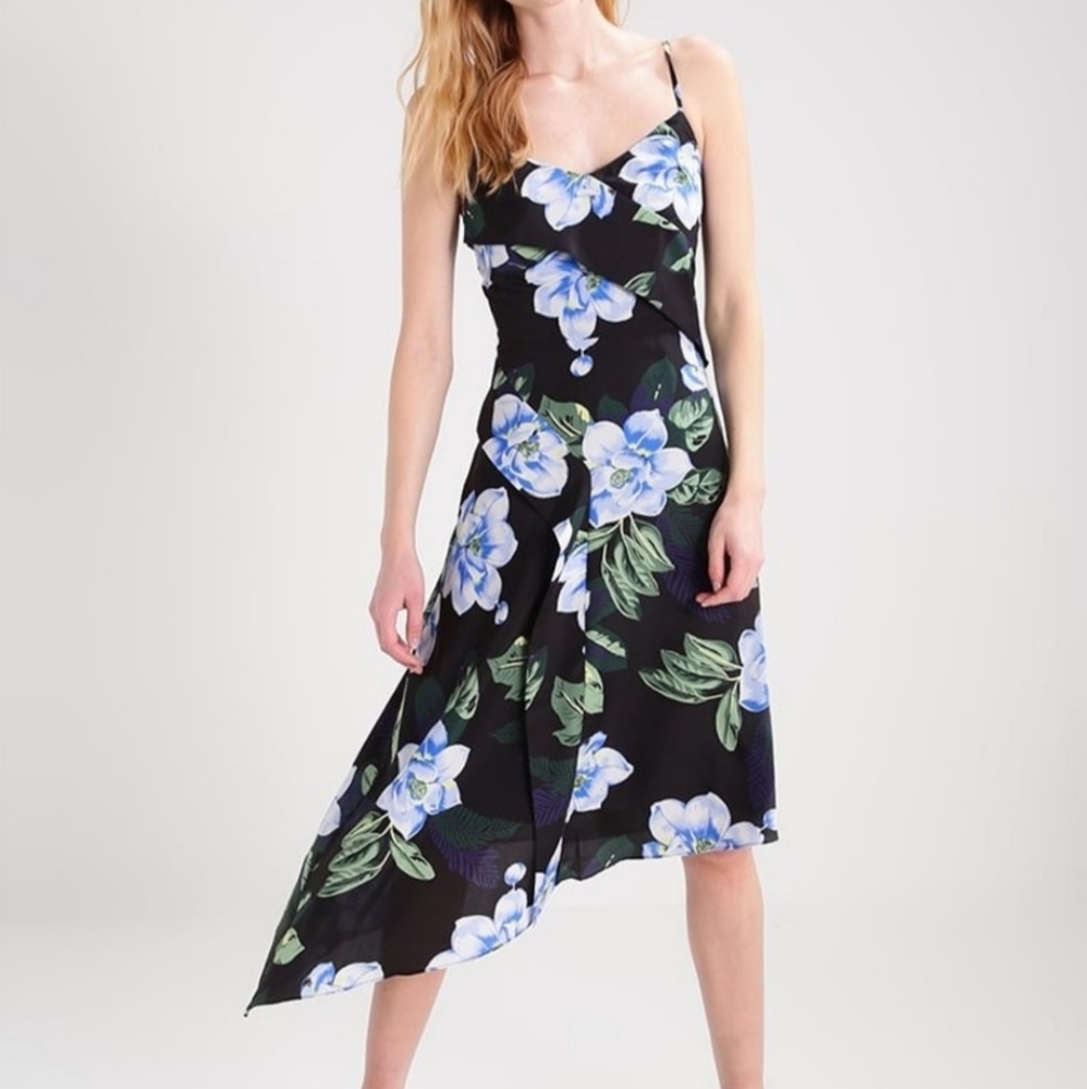 Banana Republic Black Blue Floral Flowy Asymmetrical Midi Dress Women's Size 0